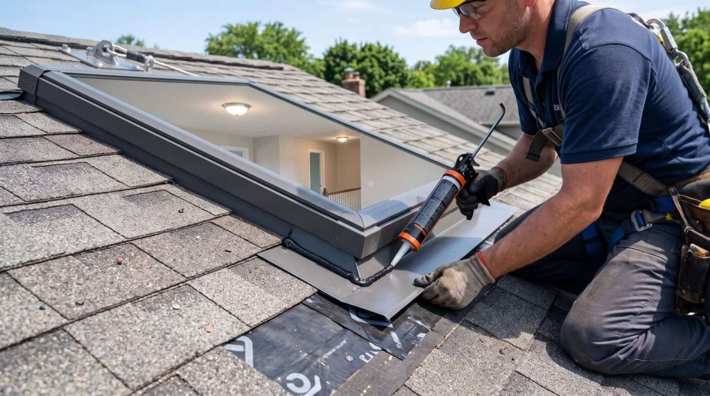 roofer-sealing-skylight-flashing-shingle-roof